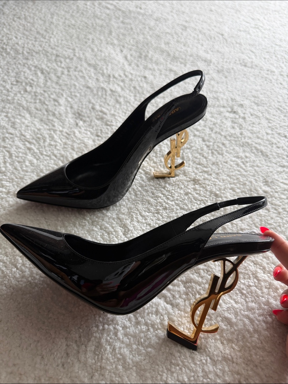 SAINT LAURENT - BLACK PATENT LEATHER GOLD YSL 'OPYUM' SLINGBACK HEELS 7